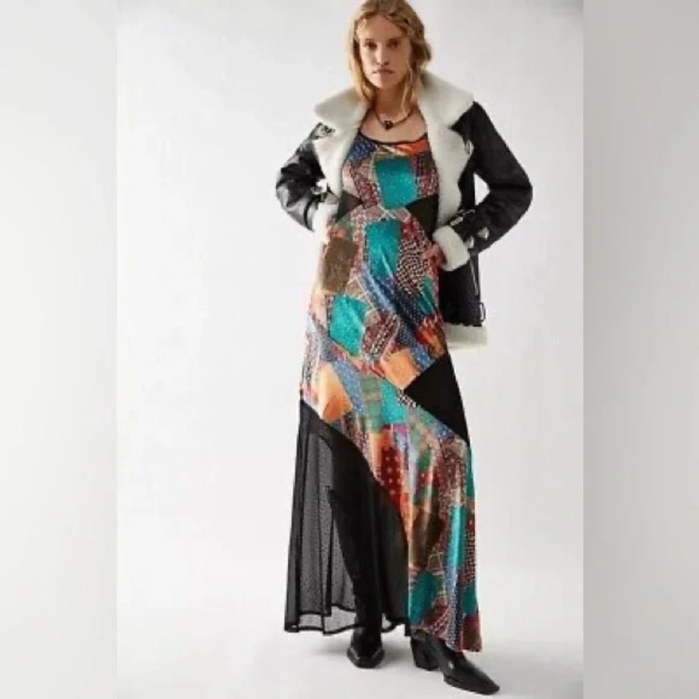 NEW FREE PEOPLE PARKER PATCHWORK VELVET MESH MAXI DRESS XS S M 💚🧡💙